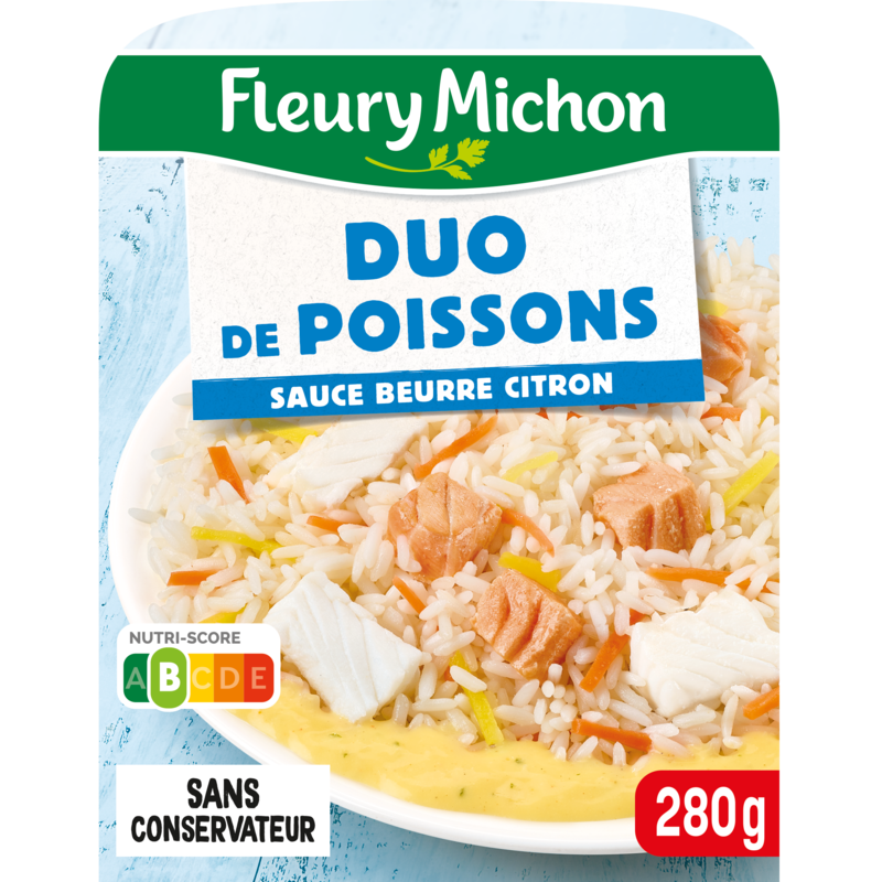 Duo de Poissons, Riz Cuisiné, Sauce Beurre Citron