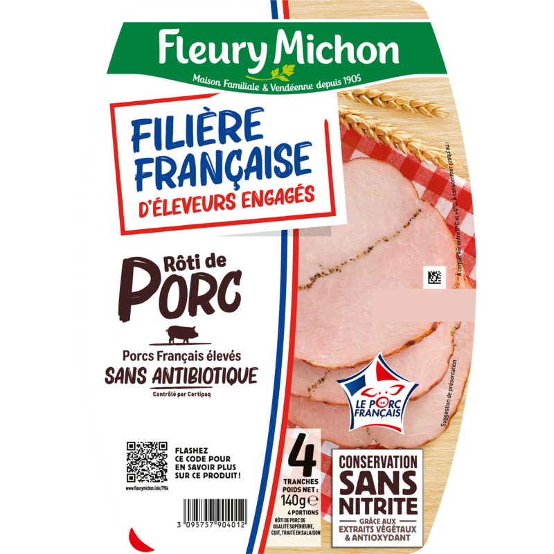 4 tranches Rôti de porc Filière Française d'Eleveurs Engagés - Conservation Sans Nitrite