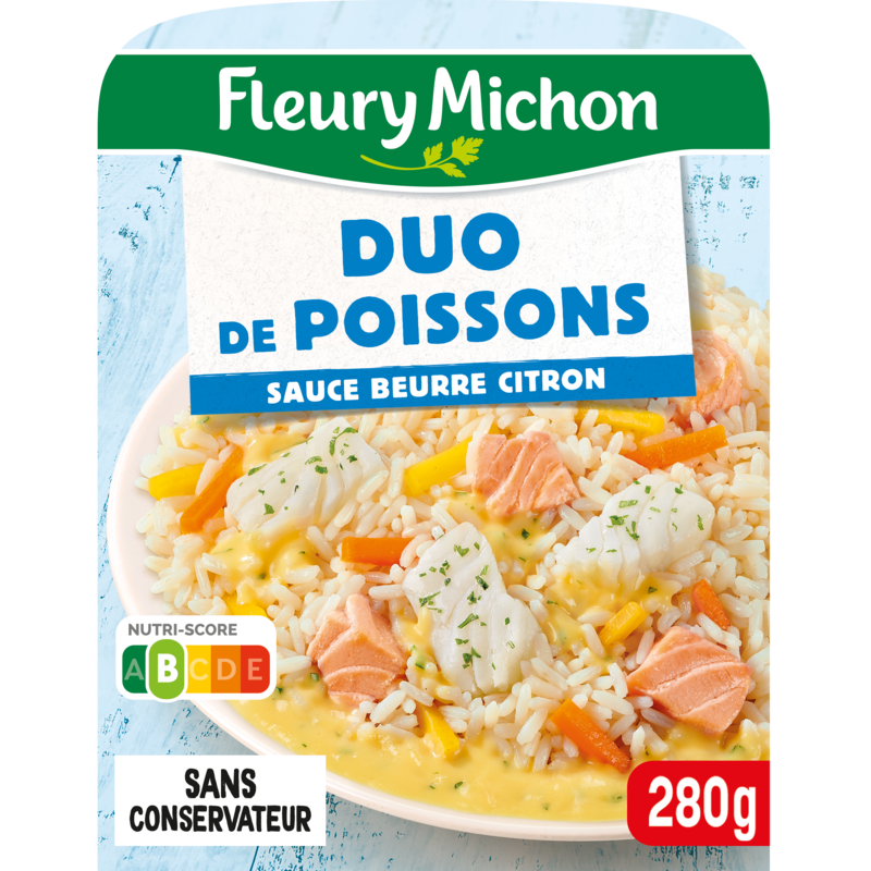 Duo de Poissons, Riz Cuisiné, Sauce Beurre Citron