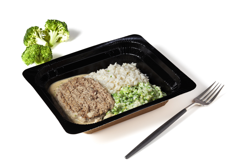 Haché de veau sauce poivre, riz et purée de brocolis Pauvre en sel