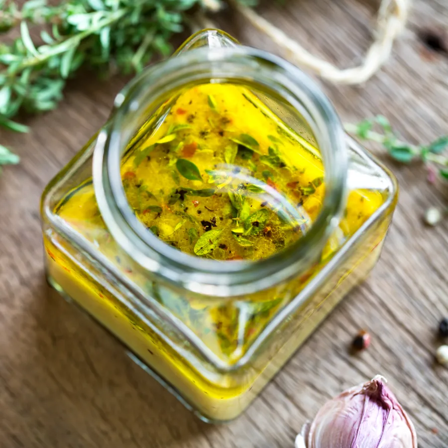 vinaigrette dans un pot en verre avec des herbes aromatiques posée sur un plan de travail en bois, entourée d'aromates 