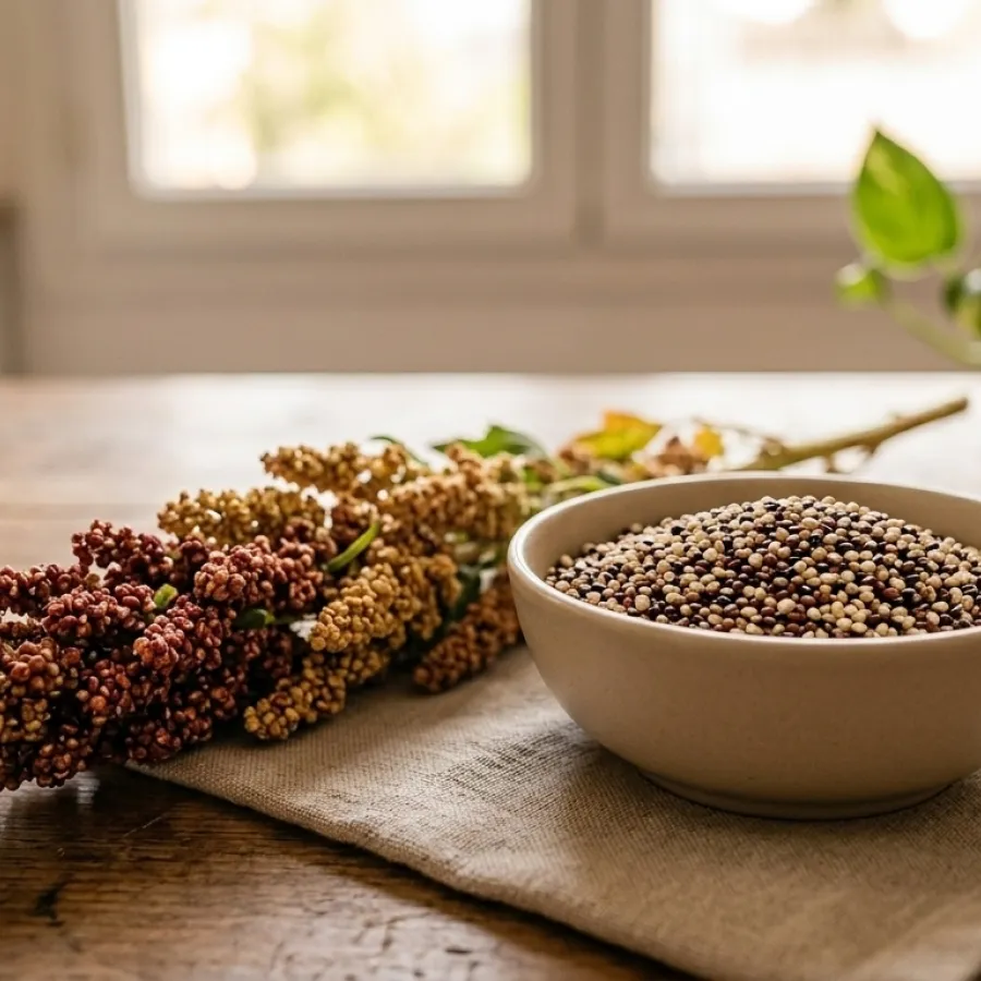 Bol beige de quinoa tricolore sur nappe en lin, branche de sorgho rouge et jaune posée sur table en bois près d'une fenêtre