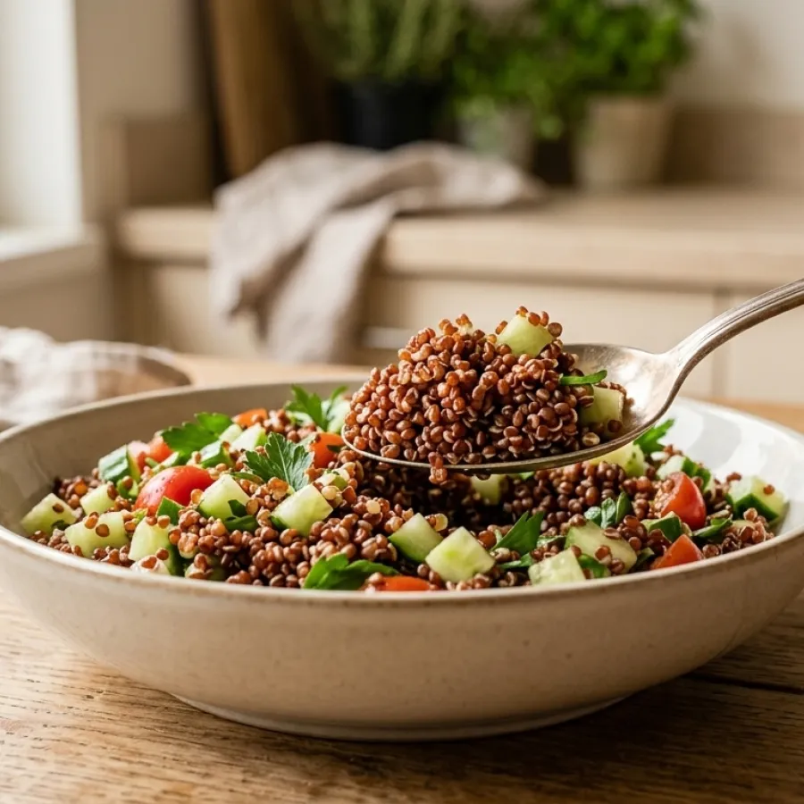 Servir quinoa tricolore dans un bol beige avec cuillères en bois sur table rustique près d'une fenêtre, herbes et citron.
