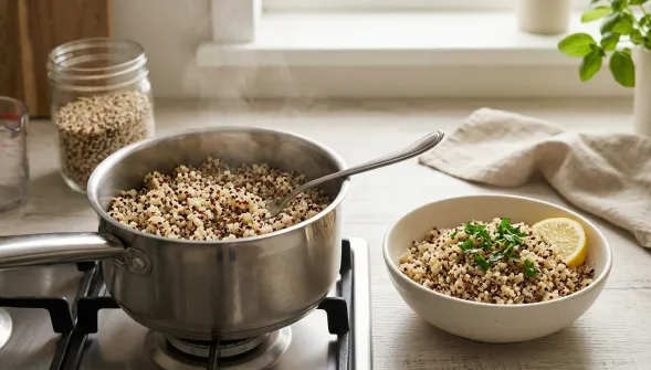 Casserole inox fumante de quinoa tricolore en cuisson sur plaque, cuillère, bol garni de citron et herbes sur plan de travail