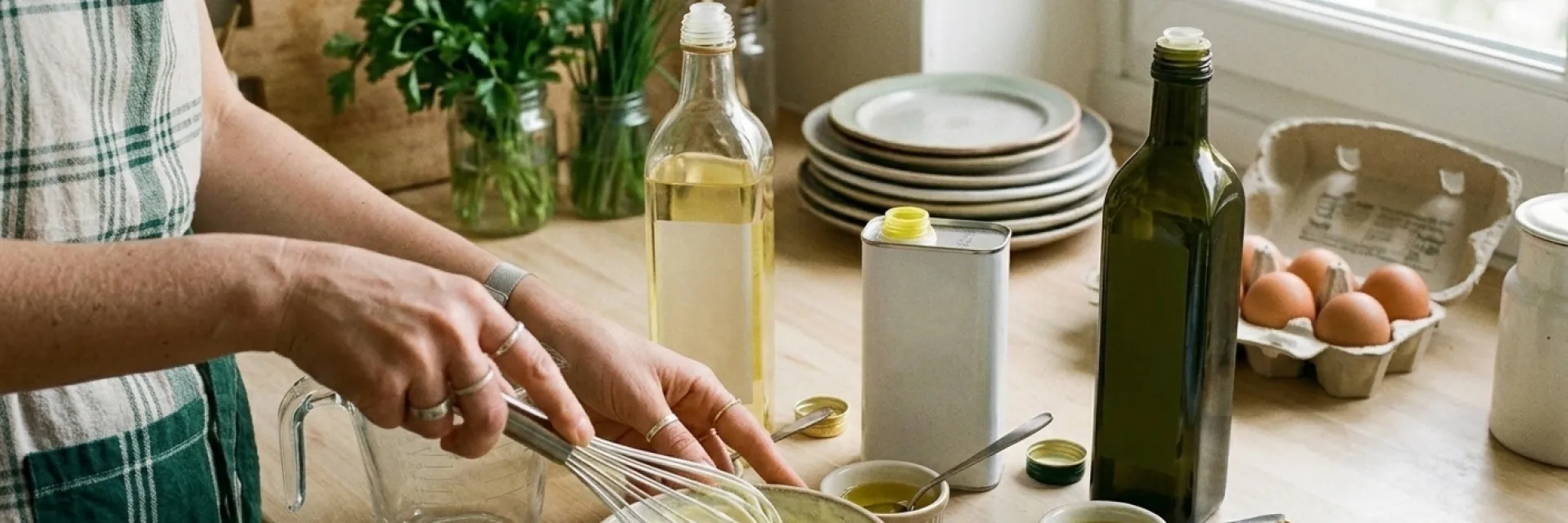 Mains fouettant une crème dans un bol sur plan de travail en bois, huile d'olive, œufs et herbes près d'une fenêtre