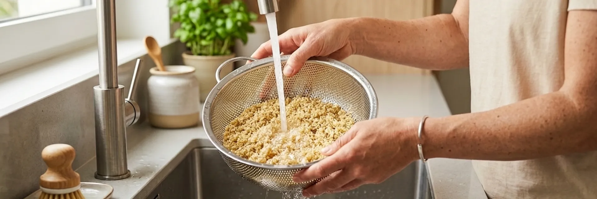 Mains rinçant du couscous doré dans une passoire inox sous le robinet d'un évier de cuisine, basilic en arrière-plan Fleury Michon
