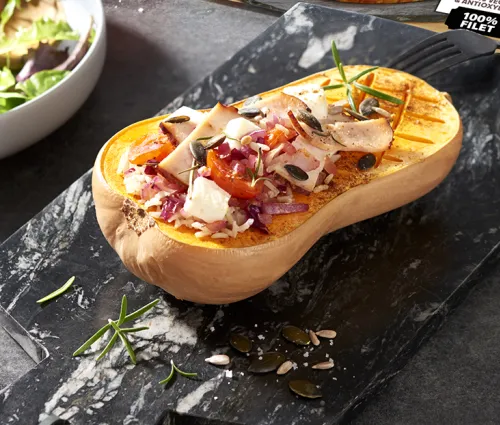 Recette courge de butternut farcie au filet de poulet Fleury Michon