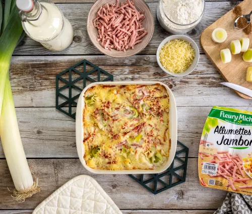 Recette gratin de poireaux et allumettes de jambon Fleury Michon