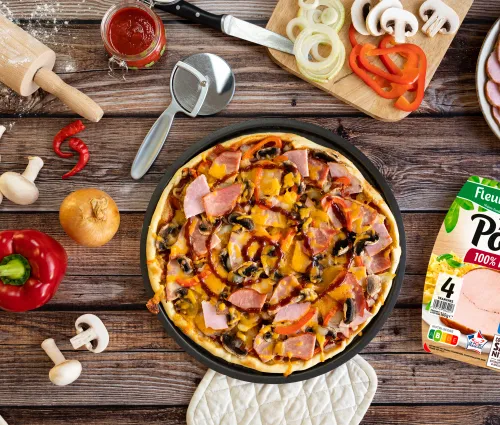 Recette pizza rôti de porc sauce barbecue Fleury Michon 