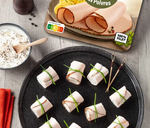 Recette roulés de blanc de poulet aux poivres Fleury Michon