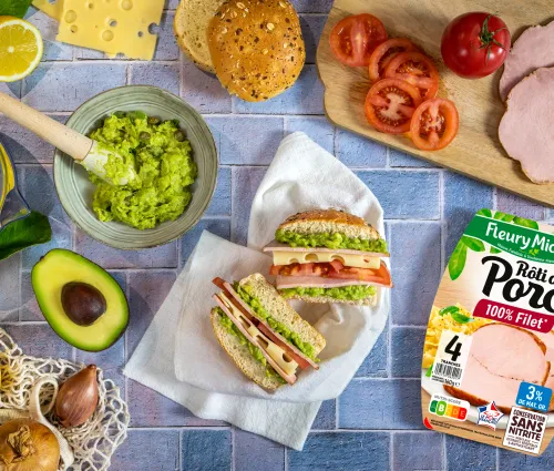 Recette sandwich guacamole rôti de porc Fleury Michon