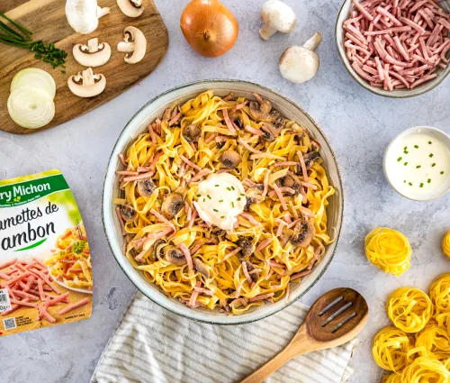 Recette tagliatelles au jambon et champignons Fleury Michon