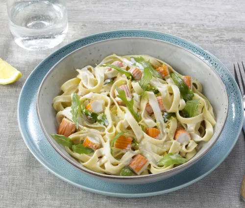 Recette tagliatelles au surimi crème légère au citron et feuilles de roquette Fleury Michon 