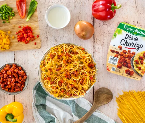Recette spaghettis aux poivrons et dés de chorizo Fleury Michon