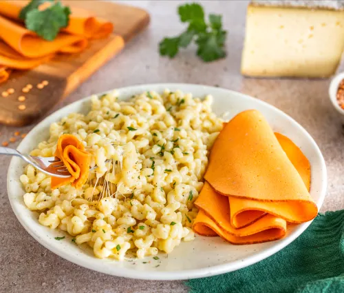 Recette coquillettes fondantes à la Tomme et Tranches Végé Lentille Corail Fleury Michon 