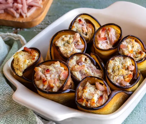 Recette roulés d’aubergines, ricotta, pesto, allumettes de Jambon Fleury Michon