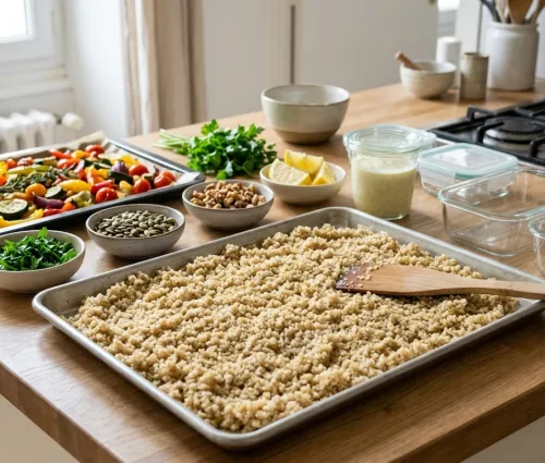 Batch cooking : quinoa cuit étalé sur plaque, boîtes hermétiques et accompagnements végétaux prêts à portionner