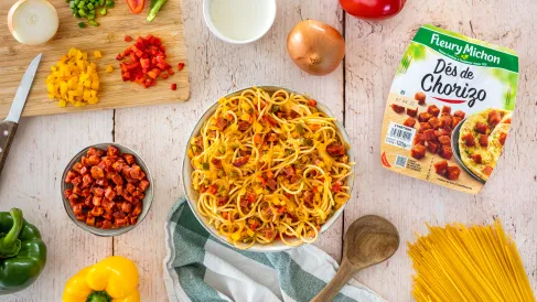 Recette spaghettis aux poivrons et dés de chorizo Fleury Michon  