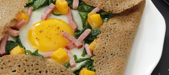 Recette galette aux allumettes de jambon, œufs et épinards 