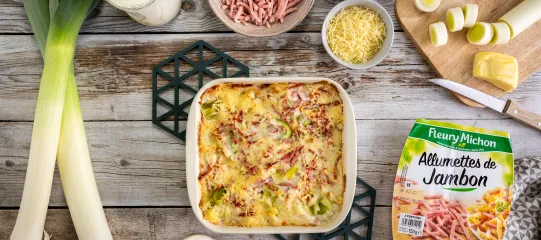 Recette gratin de poireaux et allumettes de jambon Fleury Michon 