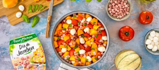 Recette salade melon tomates mozza dés de jambon Fleury Michon 