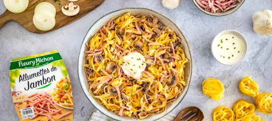 Recette tagliatelles au jambon et champignons Fleury Michon 