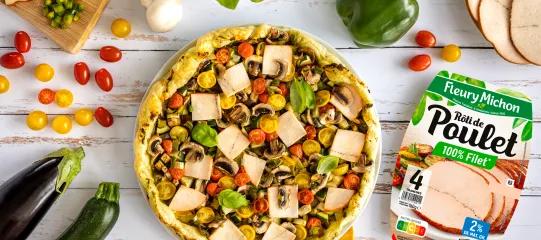 Recette tarte aux légumes du soleil pesto et rôti de poulet Fleury Michon 