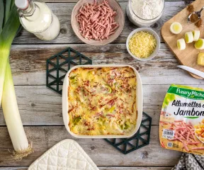 Recette gratin de poireaux et allumettes de jambon Fleury Michon 