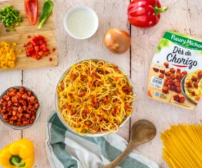 Recette spaghettis aux poivrons et dés de chorizo Fleury Michon  