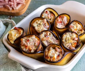 Recette roulés d’aubergines, ricotta, pesto, allumettes de Jambon Fleury Michon