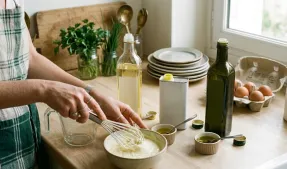 Mains fouettant une crème dans un bol sur plan de travail en bois, huile d'olive, œufs et herbes près d'une fenêtre